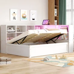 Canapé lit 90 par 200 cm avec prise multiple rangement lumineux lit hydraulique bois massif lit simple multifonction blanc