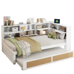 Canapé lit bois 90x200 avec lit gigogne lit simple multifonction avec rangements et prise de charge couleur blanche