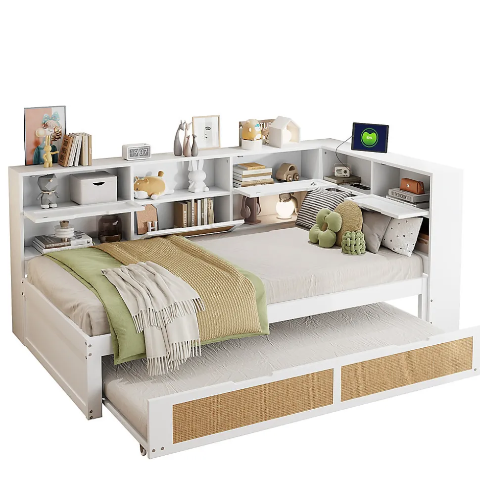 Canapé lit bois 90x200 avec lit gigogne lit simple multifonction avec rangements et prise de charge couleur blanche