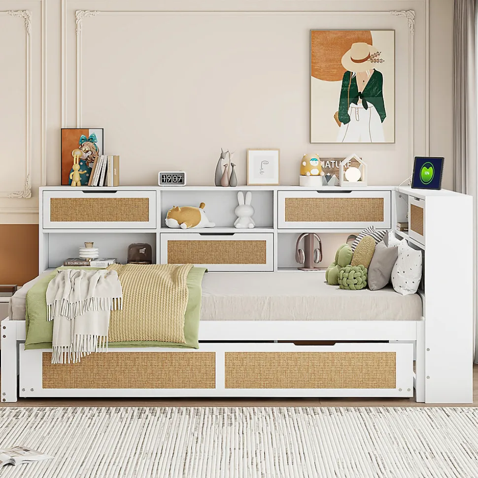 Canapé lit bois 90x200 avec lit gigogne lit simple multifonction avec rangements et prise de charge couleur blanche