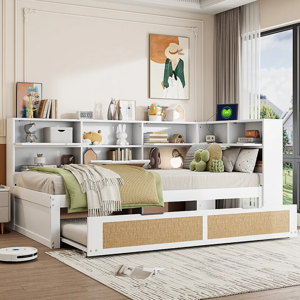 Canapé lit bois 90x200 avec lit gigogne lit simple multifonction avec rangements et prise de charge couleur blanche