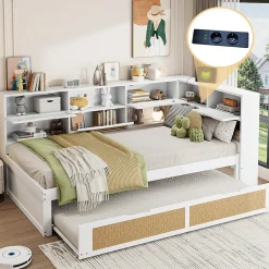 Canapé lit bois 90x200 avec lit gigogne lit simple multifonction avec rangements et prise de charge couleur blanche