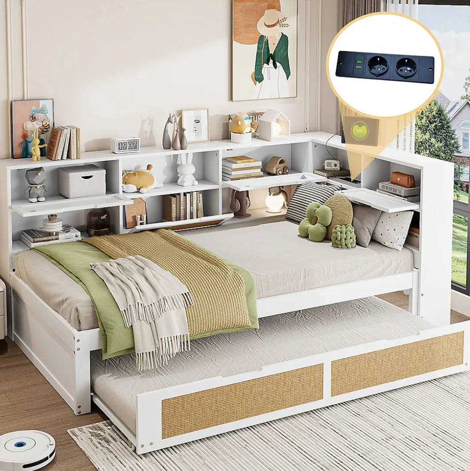 Canapé lit bois 90x200 avec lit gigogne lit simple multifonction avec rangements et prise de charge couleur blanche