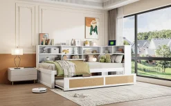 Canapé lit bois 90x200 avec lit gigogne lit simple multifonction avec rangements et prise de charge couleur blanche