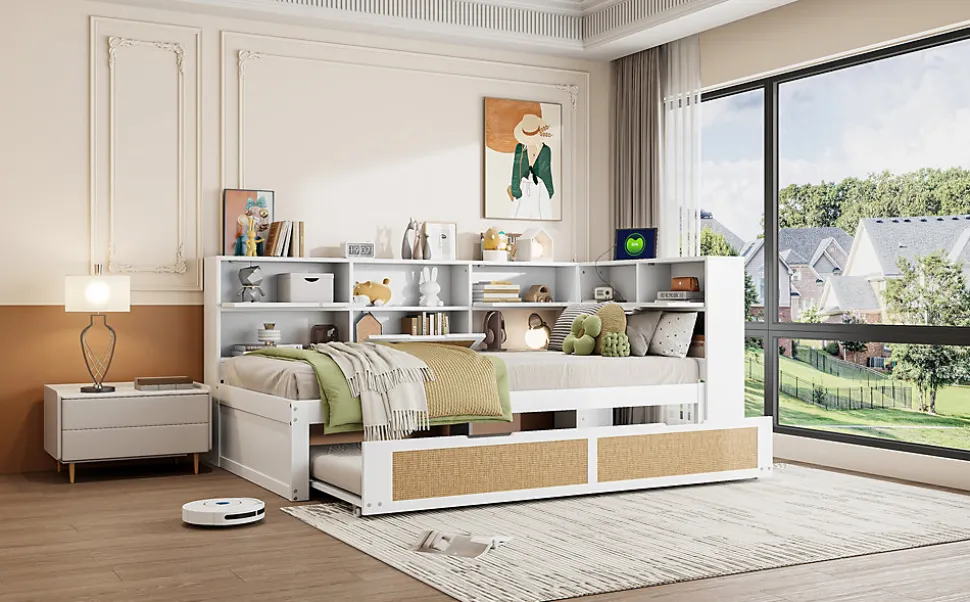 Canapé lit bois 90x200 avec lit gigogne lit simple multifonction avec rangements et prise de charge couleur blanche