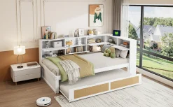 Canapé lit bois 90x200 avec lit gigogne lit simple multifonction avec rangements et prise de charge couleur blanche