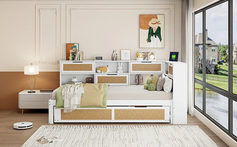 Canapé lit bois 90x200 avec lit gigogne lit simple multifonction avec rangements et prise de charge couleur blanche