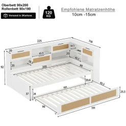 Canapé lit bois 90x200 avec lit gigogne lit simple multifonction avec rangements et prise de charge couleur blanche