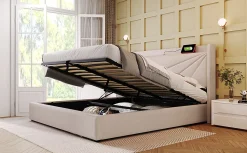 Canapé lit 180x200 cm tête de lit avec ports USB et Type C et coffre de rangement en tissu lin coton beige, structure métal