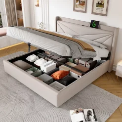 Canapé lit 180x200 cm tête de lit avec ports USB et Type C et coffre de rangement en tissu lin coton beige, structure métal