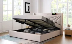 Canapé lit 180x200 cm tête de lit avec ports USB et Type C et coffre de rangement en tissu lin coton beige, structure métal