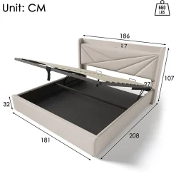 Canapé lit 180x200 cm tête de lit avec ports USB et Type C et coffre de rangement en tissu lin coton beige, structure métal