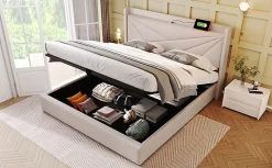 Canapé lit 180x200 cm tête de lit avec ports USB et Type C et coffre de rangement en tissu lin coton beige, structure métal
