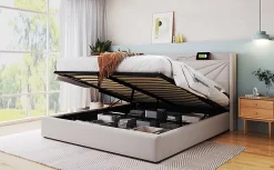 Canapé lit 180x200 cm tête de lit avec ports USB et Type C et coffre de rangement en tissu lin coton beige, structure métal