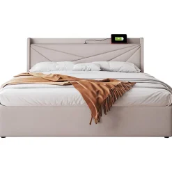 Canapé lit 180x200 cm tête de lit avec ports USB et Type C et coffre de rangement en tissu lin coton beige, structure métal
