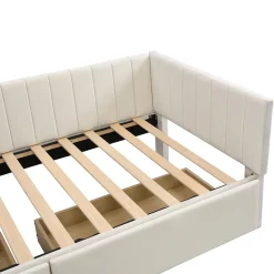 Canapé 90x200 cm avec 2 grands tiroirs revetement velours beige design mid century et structure MDF