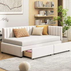 Canapé 90x200 cm avec 2 grands tiroirs revetement velours beige design mid century et structure MDF