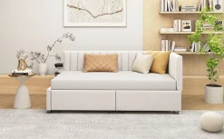 Canapé 90x200 cm avec 2 grands tiroirs revetement velours beige design mid century et structure MDF