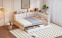 Canape lit bois 140 par 200 cm lit multifonction dossier doux tiroir rangement lit simple junior pin massif couleur bois