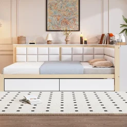 Canape lit bois 140 par 200 cm lit multifonction dossier doux tiroir rangement lit simple junior pin massif couleur bois