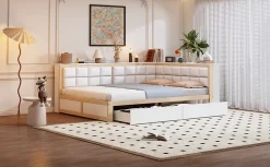 Canape lit bois 140 par 200 cm lit multifonction dossier doux tiroir rangement lit simple junior pin massif couleur bois
