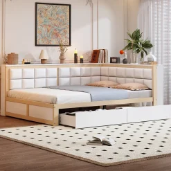 Canape lit bois 140 par 200 cm lit multifonction dossier doux tiroir rangement lit simple junior pin massif couleur bois