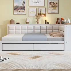 Canape lit bois 140 x 200 cm lit multifonction dossier doux grand tiroir rangement lit simple junior pin massif blanc