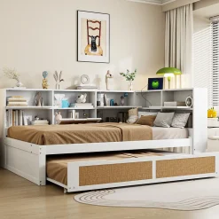 Canape lit bois 140x200 avec lit gigogne lit multifonction avec rangements multiples et prise de charge blanc