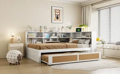 Canape lit bois 140x200 avec lit gigogne lit multifonction avec rangements multiples et prise de charge blanc