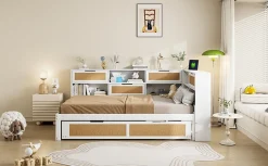 Canape lit bois 140x200 avec lit gigogne lit multifonction avec rangements multiples et prise de charge blanc