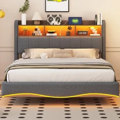 Canape lit 140x200 avec eclairage LED rangement tete en tissu gris et ports USB Type C