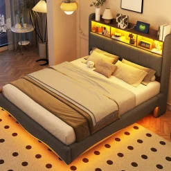 Canape lit 140x200 avec eclairage LED rangement tete en tissu gris et ports USB Type C