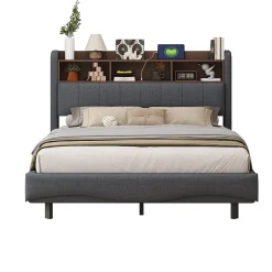 Canape lit 140x200 avec eclairage LED rangement tete en tissu gris et ports USB Type C