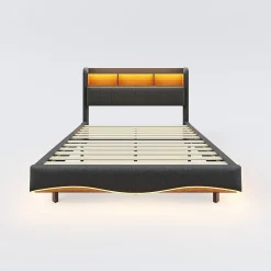 Canape lit 140x200 avec eclairage LED rangement tete en tissu gris et ports USB Type C