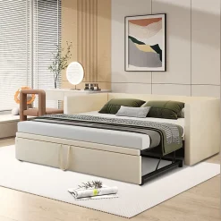 Canapé-lit 90/180 X 200 Cm, Lit De Jour Extensible Avec Sommier à Lattes, Canapé 2 Places, Beige