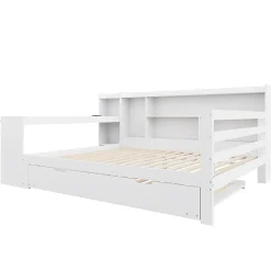 Canapé-lit bois 140x200cm blanc bureau/casiers/prises lit escamotable multifonction