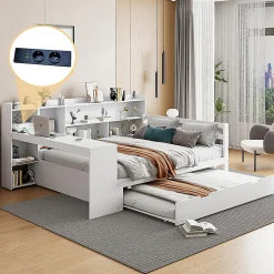 Canapé-lit bois 140x200cm blanc bureau/casiers/prises lit escamotable multifonction