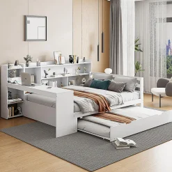 Canapé-lit bois 140x200cm blanc bureau/casiers/prises lit escamotable multifonction