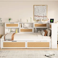 Canapé-lit bois 90x200cm, tiroir, rangement, prise, blanc