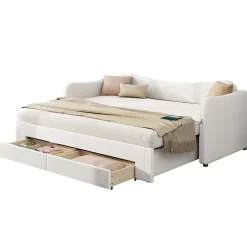 Canapé-lit capitonné 90x200cm - Avec lit gigogne - 2 tiroirs de rangement - Port USB - Tissu bouclé - Beige (sans matelas)