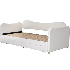 Canapé-lit capitonné 90x200cm - Avec lit gigogne - 2 tiroirs de rangement - Port USB - Tissu bouclé - Beige (sans matelas)