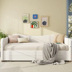 Canapé-lit capitonné 90x200cm - Avec lit gigogne - 2 tiroirs de rangement - Port USB - Tissu bouclé - Beige (sans matelas)