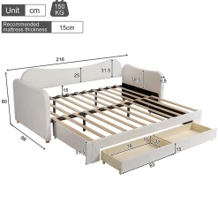 Canapé-lit capitonné 90x200cm - Avec lit gigogne - 2 tiroirs de rangement - Port USB - Tissu bouclé - Beige (sans matelas)