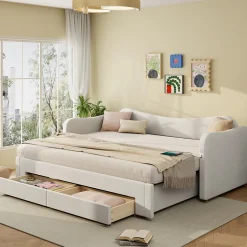 Canapé-lit capitonné 90x200cm - Avec lit gigogne - 2 tiroirs de rangement - Port USB - Tissu velours - Beige (Matelas non inclus)