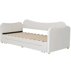 Canapé-lit capitonné 90x200cm - Avec lit gigogne - 2 tiroirs de rangement - Port USB - Tissu velours - Beige (Matelas non inclus)