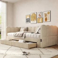 Canapé-lit capitonné 90x190cm - lit gigogne - 2 tiroirs - port USB - tissu chenille - beige (matelas non inclus)