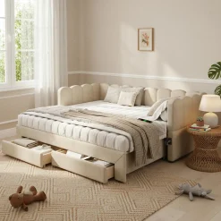 Canapé-lit capitonné 90x190cm - lit gigogne - 2 tiroirs - port USB - tissu chenille - beige (matelas non inclus)