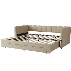 Canapé-lit capitonné 90x190cm - lit gigogne - 2 tiroirs - port USB - tissu chenille - beige (matelas non inclus)