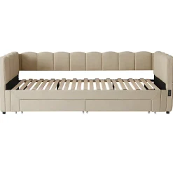 Canapé-lit capitonné 90x200cm - lit gigogne - 2 tiroirs - port USB - tissu chenille - beige (matelas non inclus)