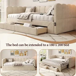 Canapé-lit capitonné 90x200cm - lit gigogne - 2 tiroirs - port USB - tissu chenille - beige (matelas non inclus)